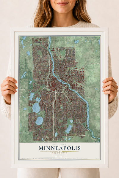 Map of Minneapolis, Minnesota, 18 x 24 inch print in a white wood frame
