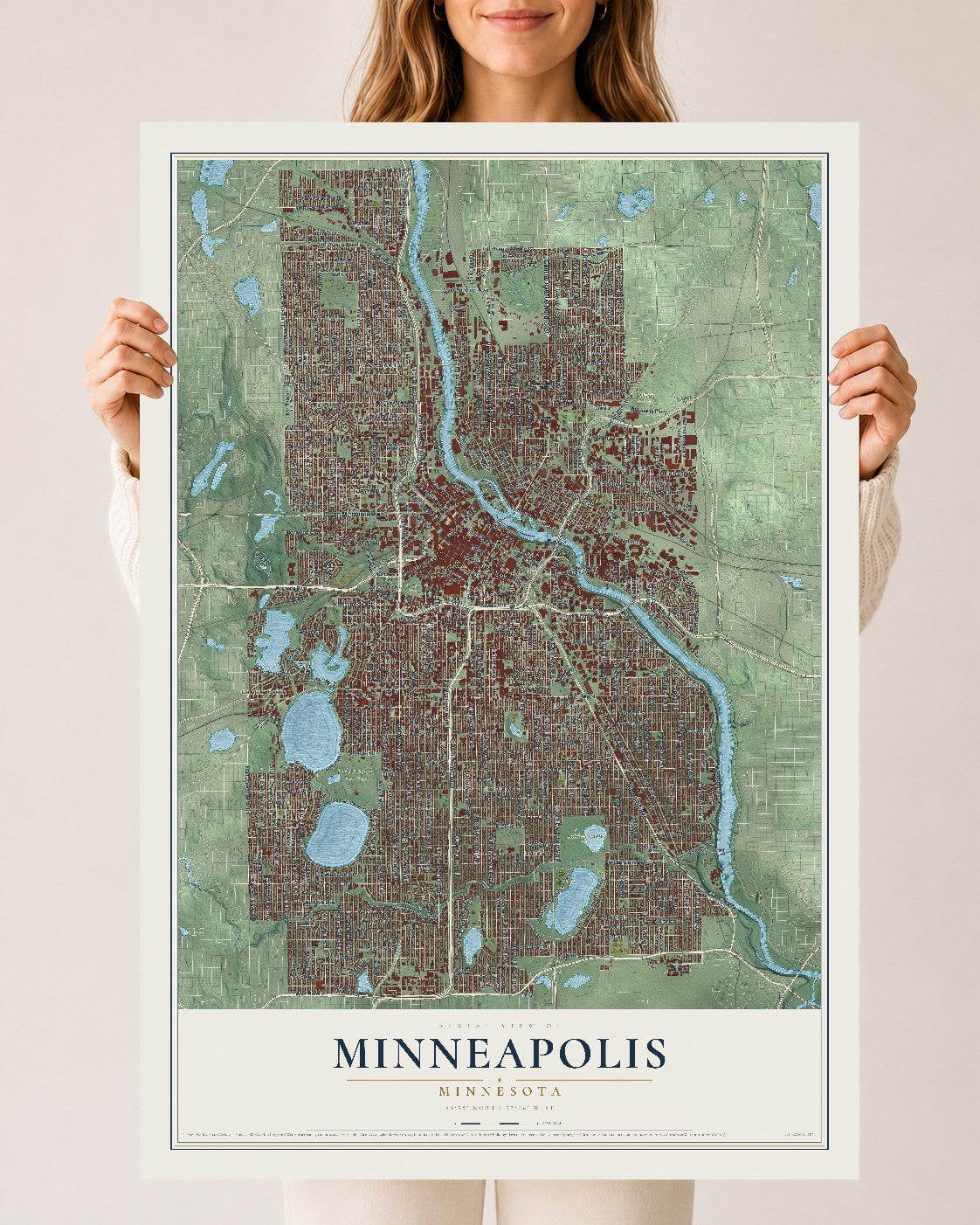 Map of Minneapolis, Minnesota, 24 x 36 inch unframed archival matte print