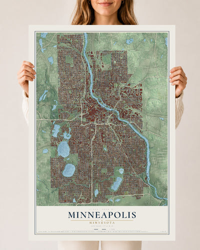 Map of Minneapolis, Minnesota, 24 x 36 inch unframed archival matte print