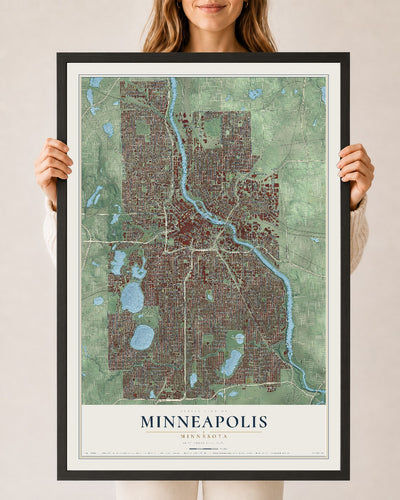 Map of Minneapolis, Minnesota, 24 x 36 inch print in a black wood frame