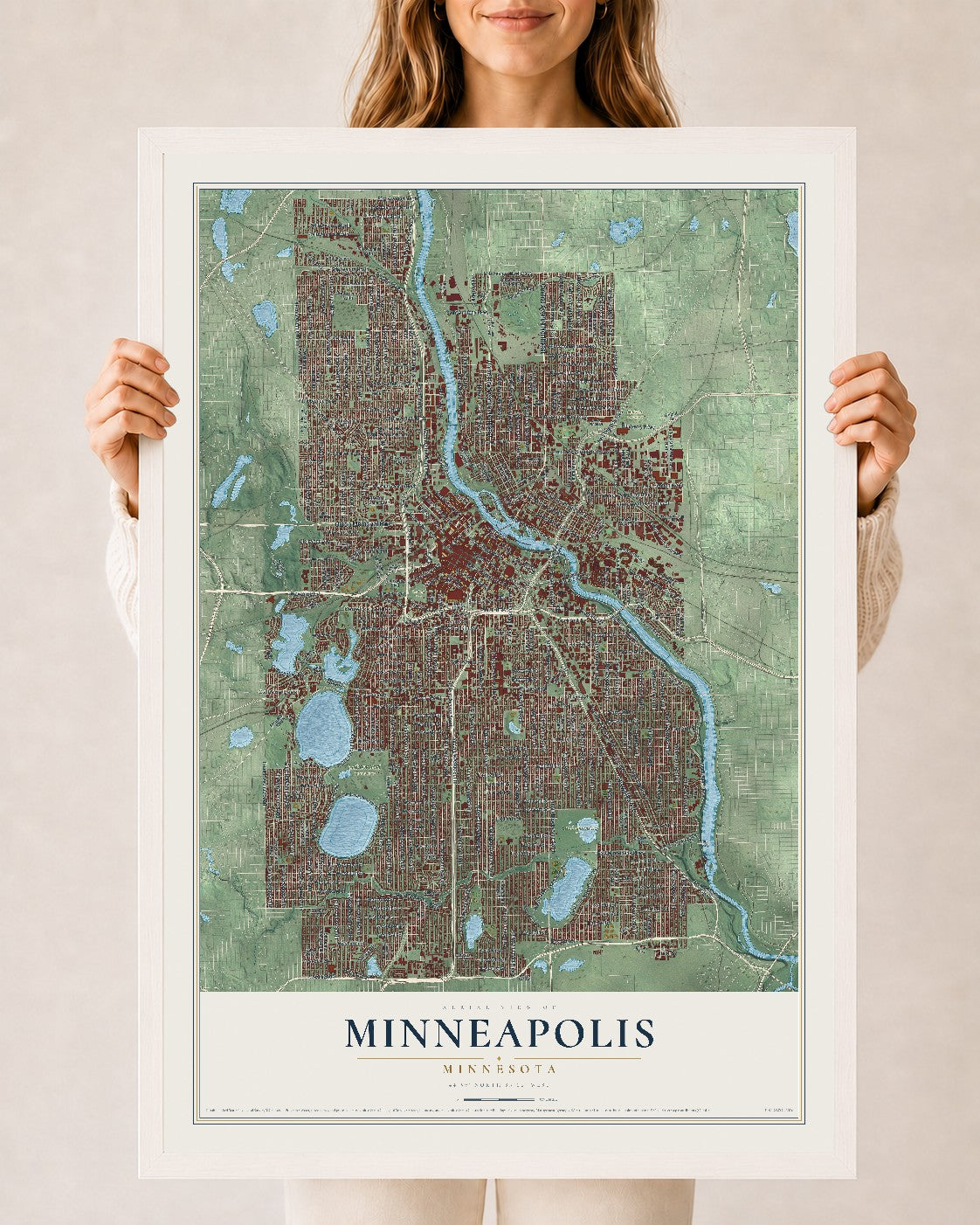 Map of Minneapolis, Minnesota, 24 x 36 inch print in a white wood frame