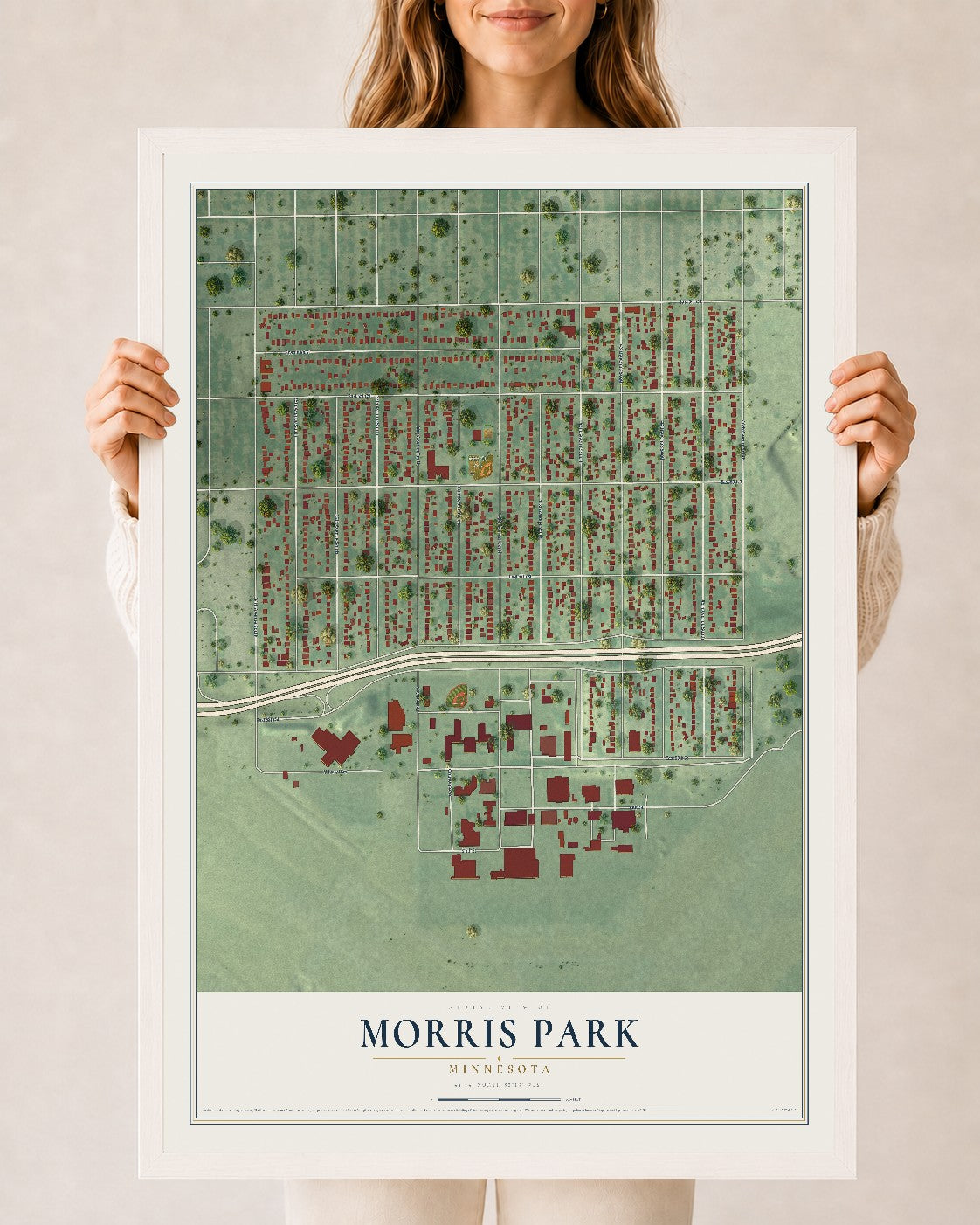 Map of Morris Park, Minnesota, 24 x 36 inch print in a white wood frame