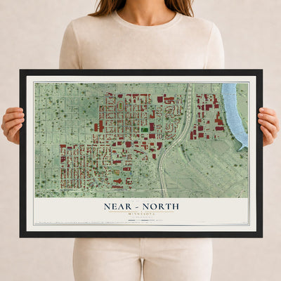 Map of Near - North, Minnesota, 12 x 18 inch print in a black wood frame