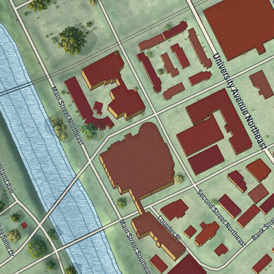 Close-up of the map of Nicollet Island - East Bank, Minnesota print showing street and building detail