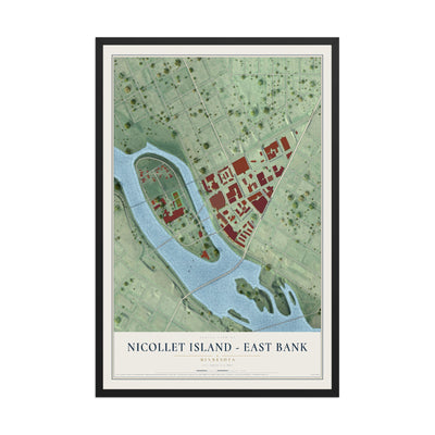 Map of Nicollet Island - East Bank, Minnesota, 12 x 18 inch print in a black wood frame
