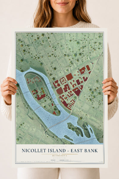 Map of Nicollet Island - East Bank, Minnesota, 18 x 24 inch unframed archival matte print