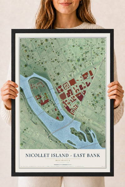 Map of Nicollet Island - East Bank, Minnesota, 18 x 24 inch print in a black wood frame