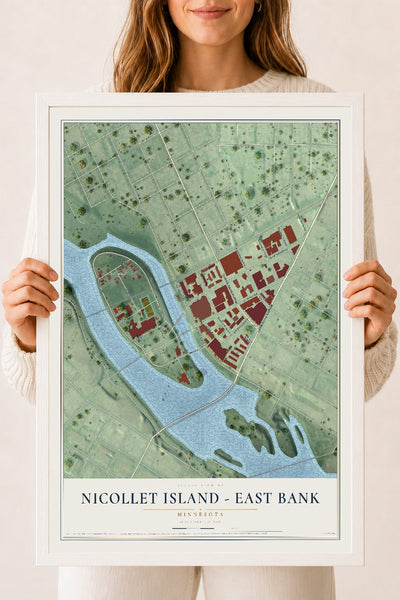 Map of Nicollet Island - East Bank, Minnesota, 18 x 24 inch print in a white wood frame