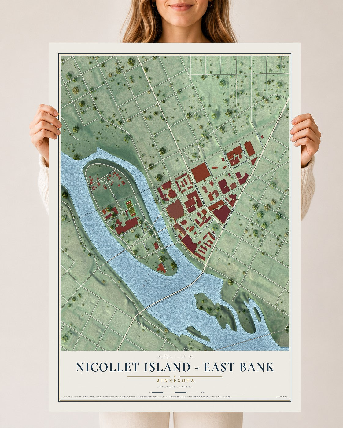 Map of Nicollet Island - East Bank, Minnesota, 24 x 36 inch unframed archival matte print