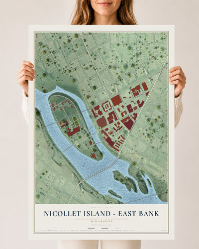 Map of Nicollet Island - East Bank, Minnesota, 24 x 36 inch unframed archival matte print