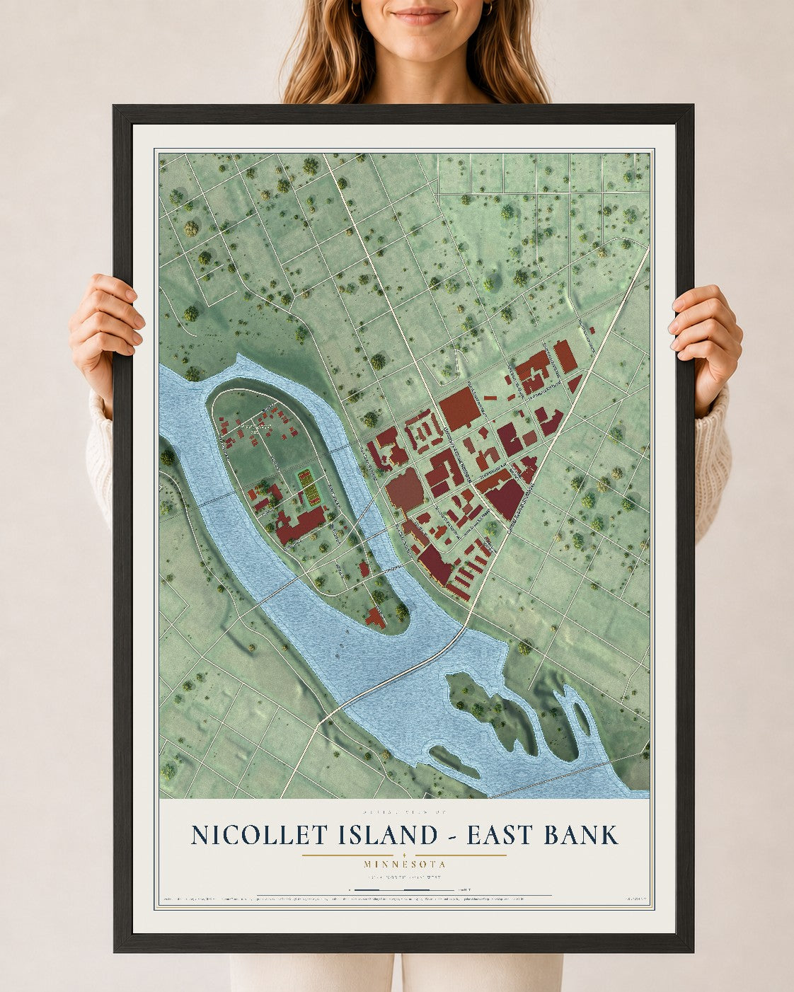 Map of Nicollet Island - East Bank, Minnesota, 24 x 36 inch print in a black wood frame