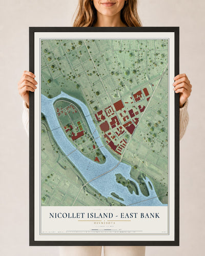 Map of Nicollet Island - East Bank, Minnesota, 24 x 36 inch print in a black wood frame