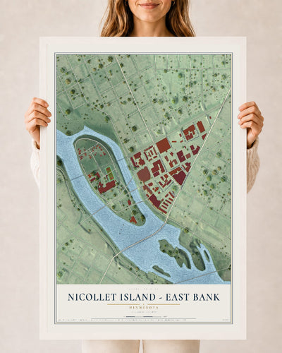 Map of Nicollet Island - East Bank, Minnesota, 24 x 36 inch print in a white wood frame