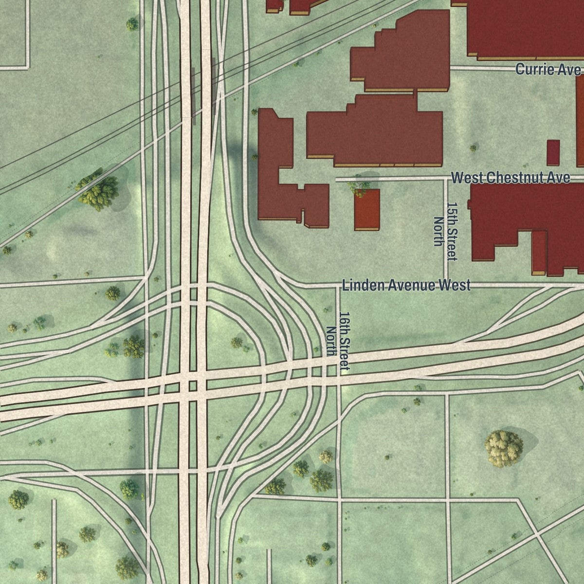 Close-up of the map of North Loop, Minnesota print showing street and building detail