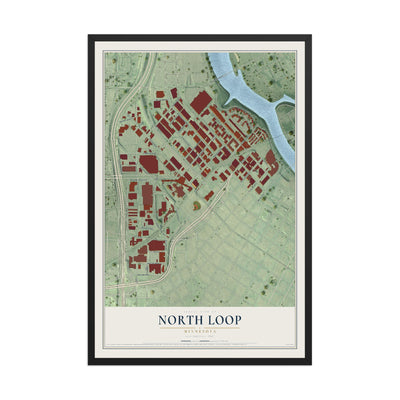 Map of North Loop, Minnesota, 12 x 18 inch print in a black wood frame