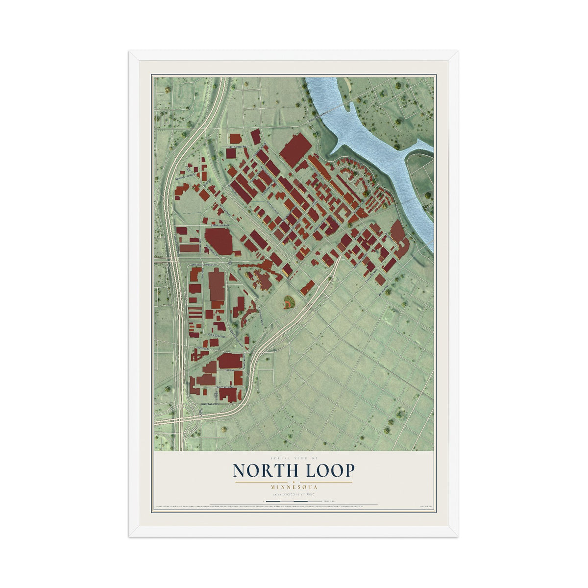 Map of North Loop, Minnesota, 12 x 18 inch print in a white wood frame