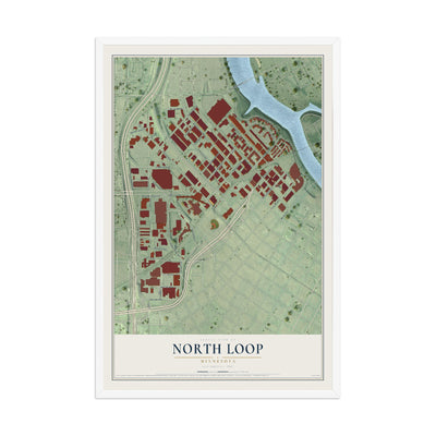 Map of North Loop, Minnesota, 12 x 18 inch print in a white wood frame