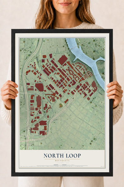 Map of North Loop, Minnesota, 18 x 24 inch print in a black wood frame