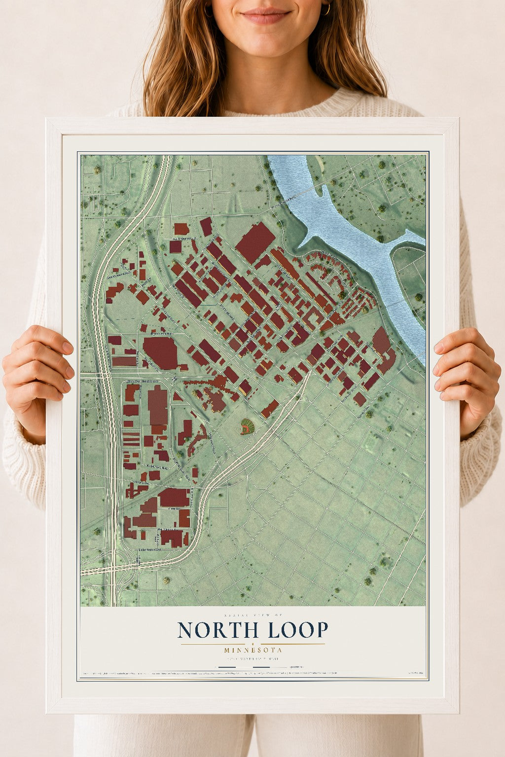 Map of North Loop, Minnesota, 18 x 24 inch print in a white wood frame