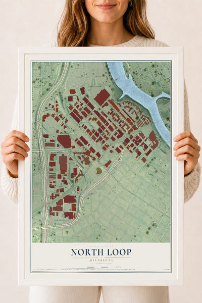 Map of North Loop, Minnesota, 18 x 24 inch print in a white wood frame