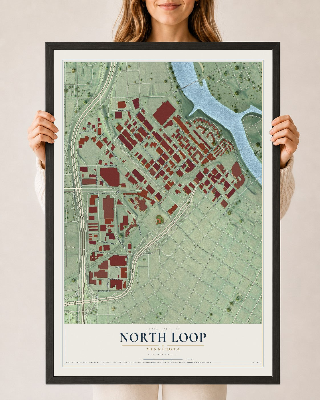 Map of North Loop, Minnesota, 24 x 36 inch print in a black wood frame