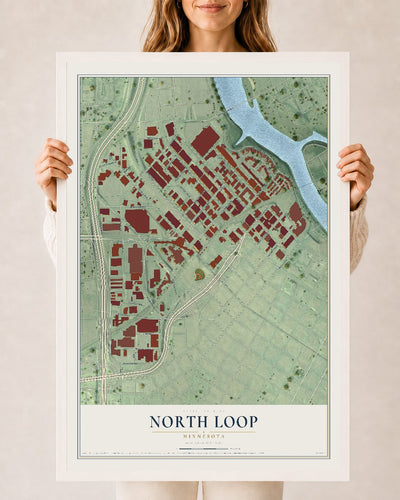 Map of North Loop, Minnesota, 24 x 36 inch print in a white wood frame