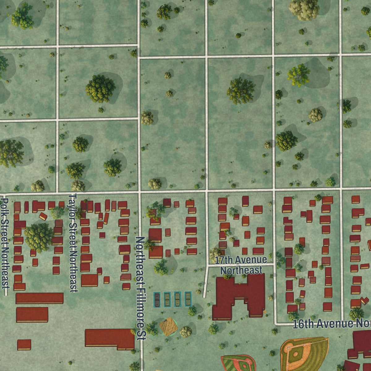 Close-up of the map of Northeast Park, Minnesota print showing street and building detail