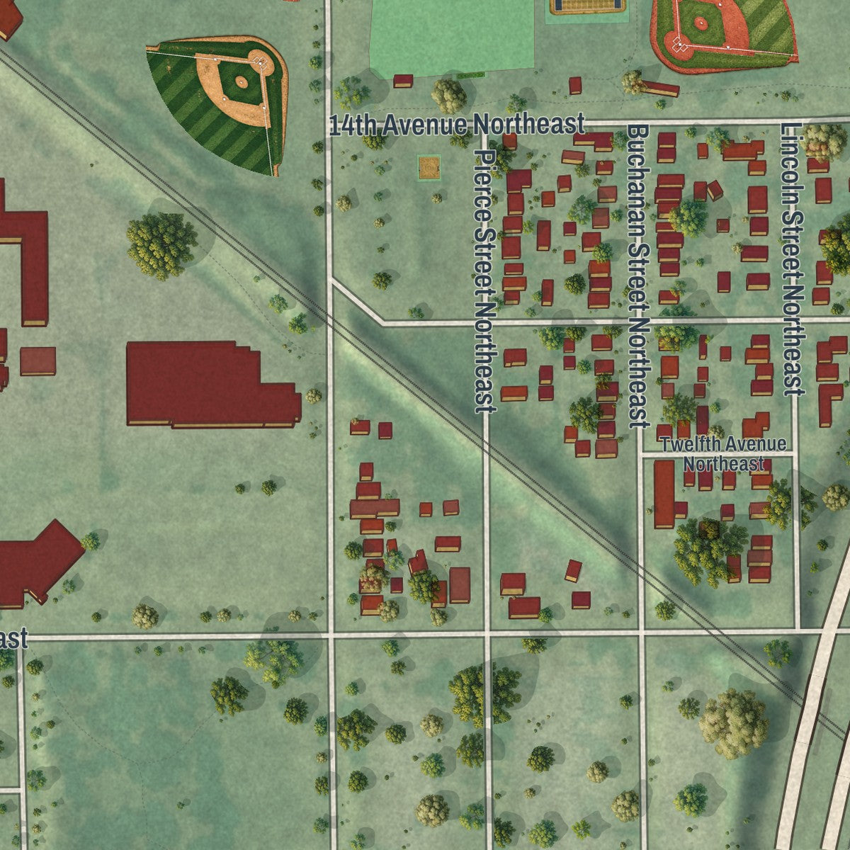 Second close-up of the map of Northeast Park, Minnesota print showing more streets and buildings