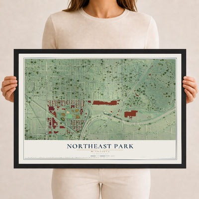 Map of Northeast Park, Minnesota, 12 x 18 inch print in a black wood frame