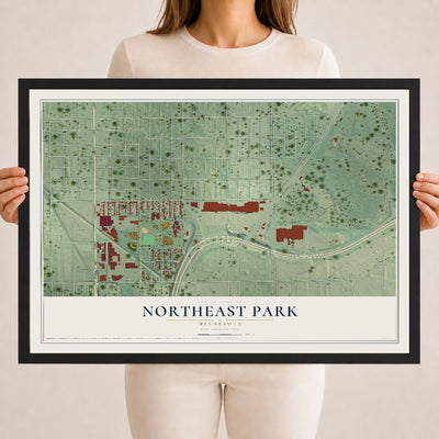 Map of Northeast Park, Minnesota, 18 x 24 inch print in a black wood frame