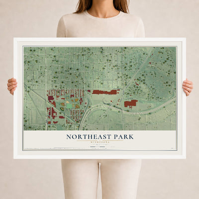 Map of Northeast Park, Minnesota, 24 x 36 inch print in a white wood frame