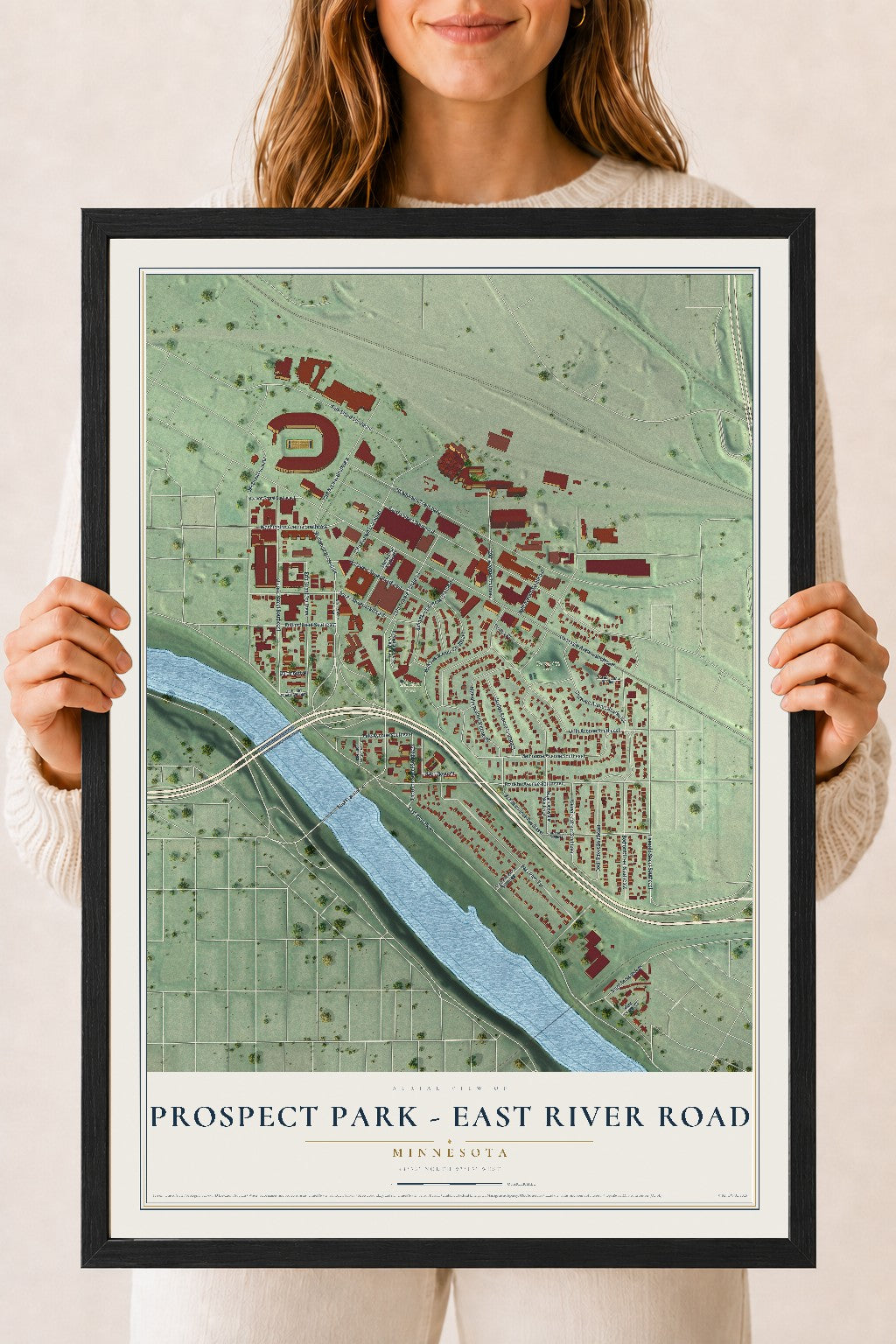 Map of Prospect Park - East River Road, Minnesota, 18 x 24 inch print in a black wood frame