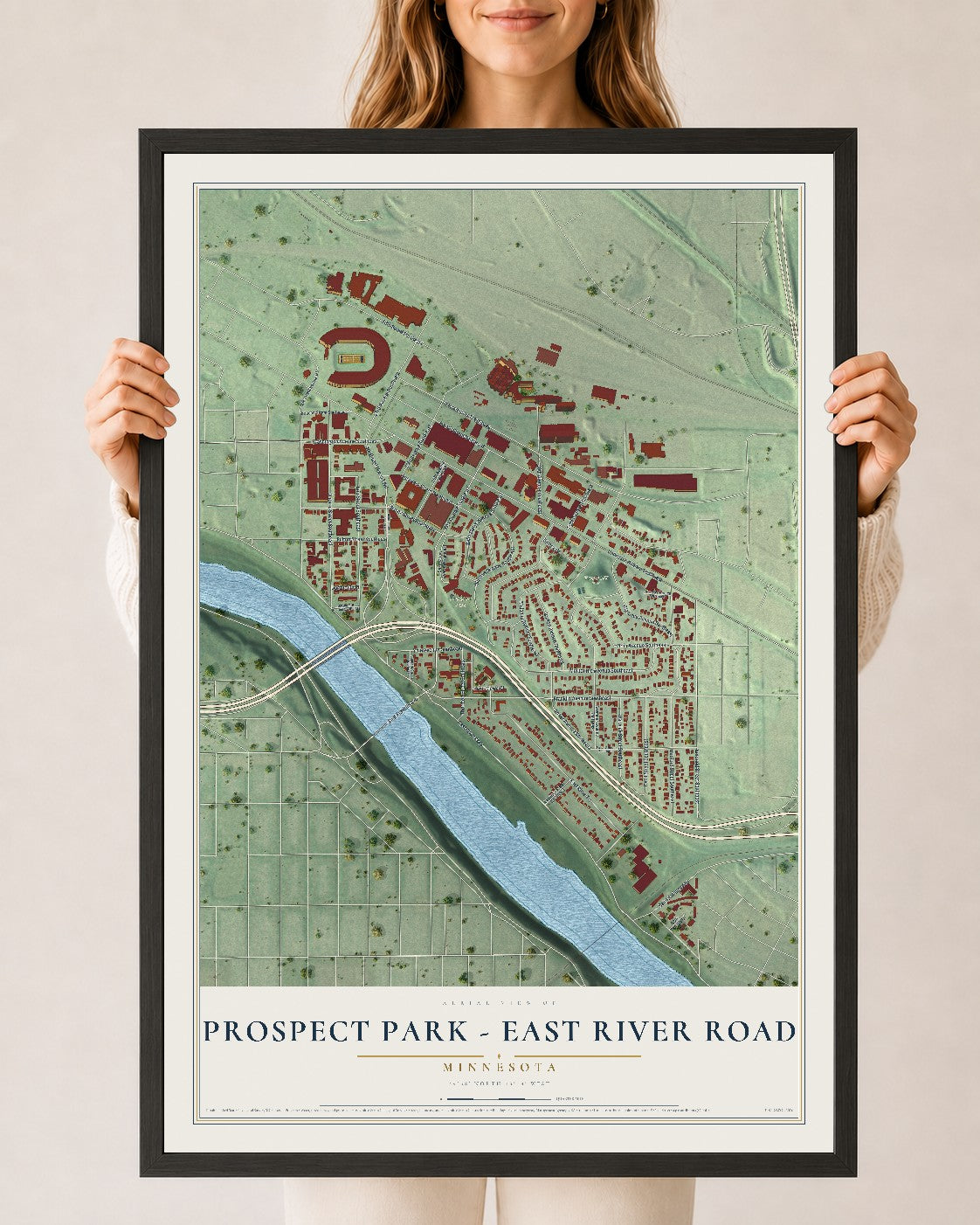 Map of Prospect Park - East River Road, Minnesota, 24 x 36 inch print in a black wood frame