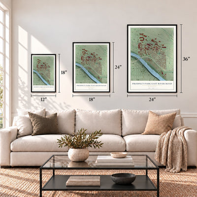 Prospect Park-East River Road, Minnesota map in 12 x 18, 18 x 24 and 24 x 36 inch sizes above a sofa