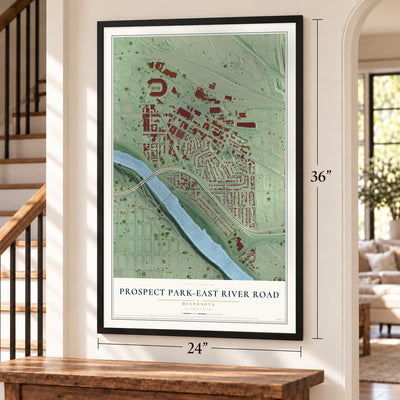 Prospect Park-East River Road, Minnesota map, 24 x 36 inch print in a black frame by a staircase