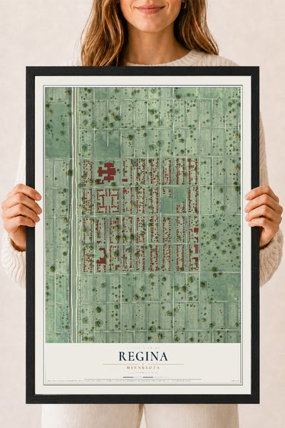 Map of Regina, Minnesota, 18 x 24 inch print in a black wood frame