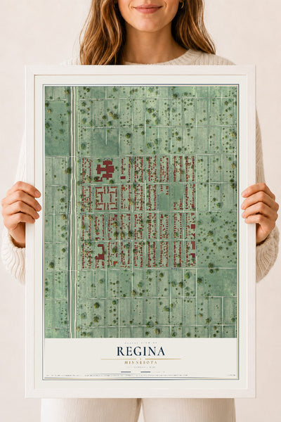 Map of Regina, Minnesota, 18 x 24 inch print in a white wood frame