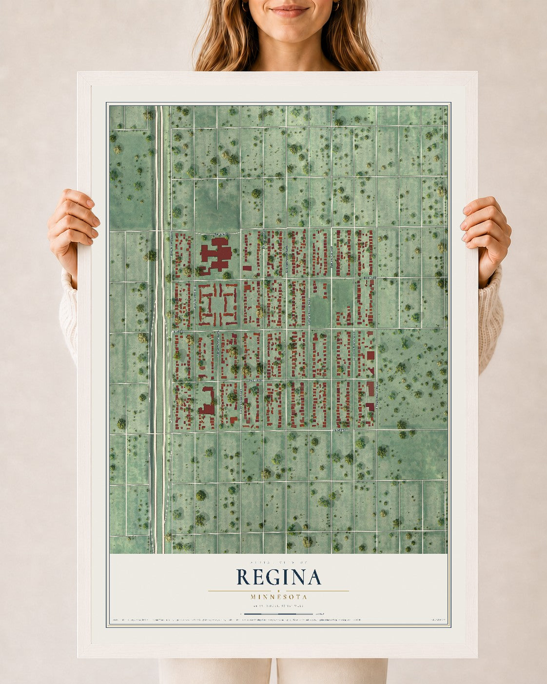 Map of Regina, Minnesota, 24 x 36 inch print in a white wood frame