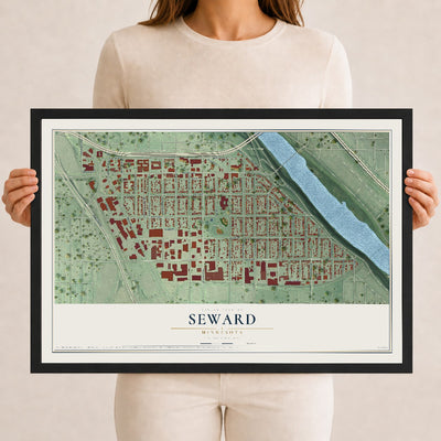 Map of Seward, Minnesota, 12 x 18 inch print in a black wood frame