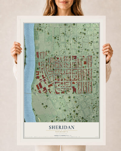 Map of Sheridan, Minnesota, 24 x 36 inch print in a white wood frame