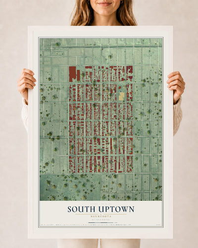 Map of South Uptown, Minnesota, 24 x 36 inch print in a white wood frame