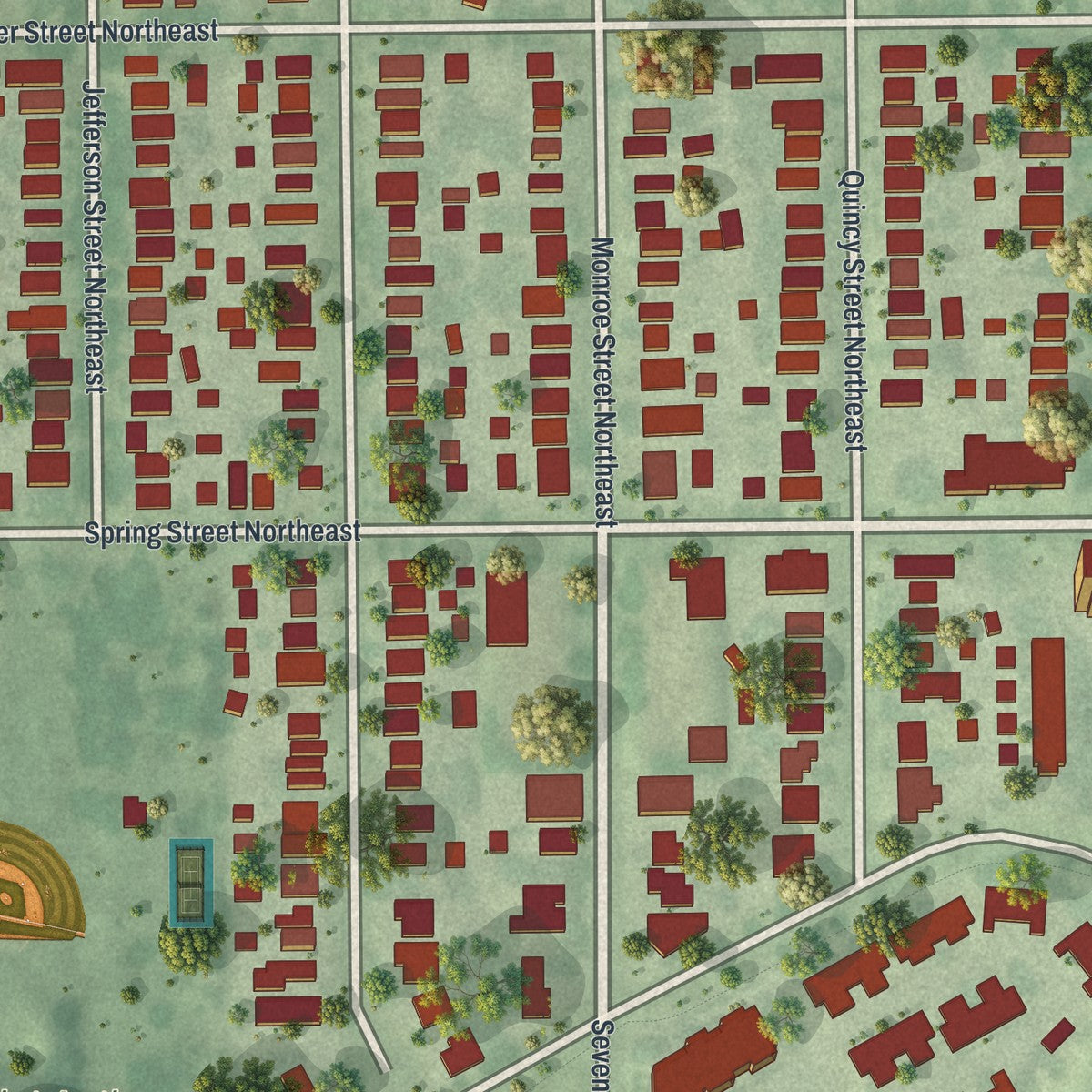 Close-up of the map of St. Anthony East, Minnesota print showing street and building detail
