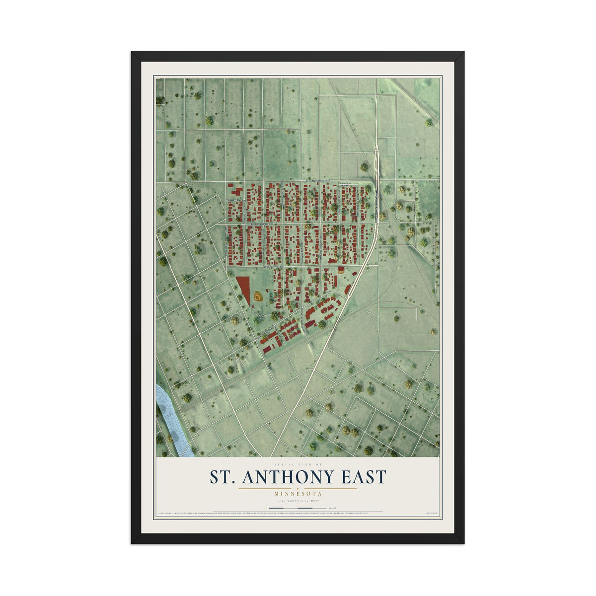 Map of St. Anthony East, Minnesota, 12 x 18 inch print in a black wood frame