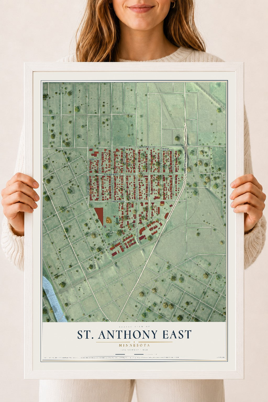 Map of St. Anthony East, Minnesota, 18 x 24 inch print in a white wood frame