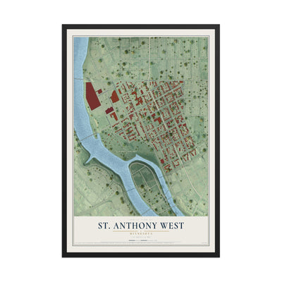 Map of St. Anthony West, Minnesota, 12 x 18 inch print in a black wood frame