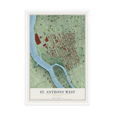 Map of St. Anthony West, Minnesota, 12 x 18 inch print in a white wood frame