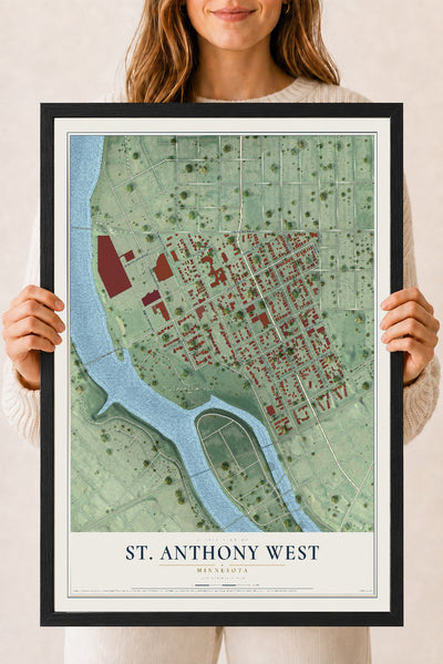 Map of St. Anthony West, Minnesota, 18 x 24 inch print in a black wood frame