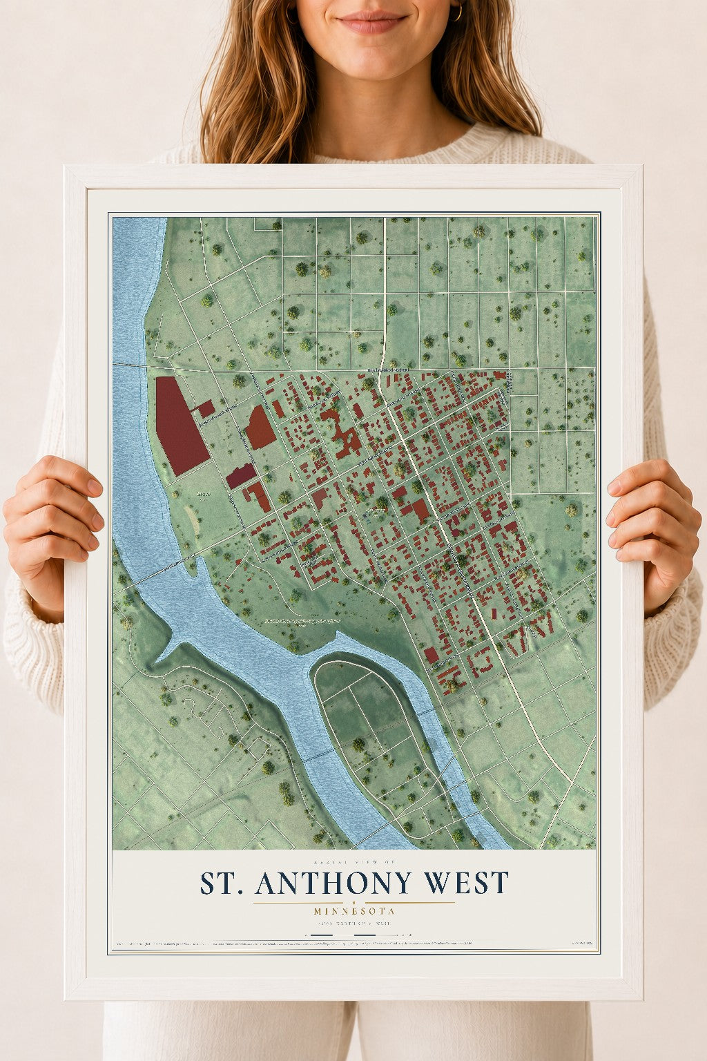 Map of St. Anthony West, Minnesota, 18 x 24 inch print in a white wood frame