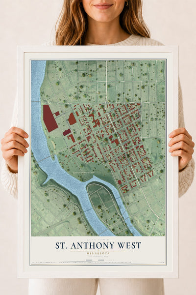 Map of St. Anthony West, Minnesota, 18 x 24 inch print in a white wood frame