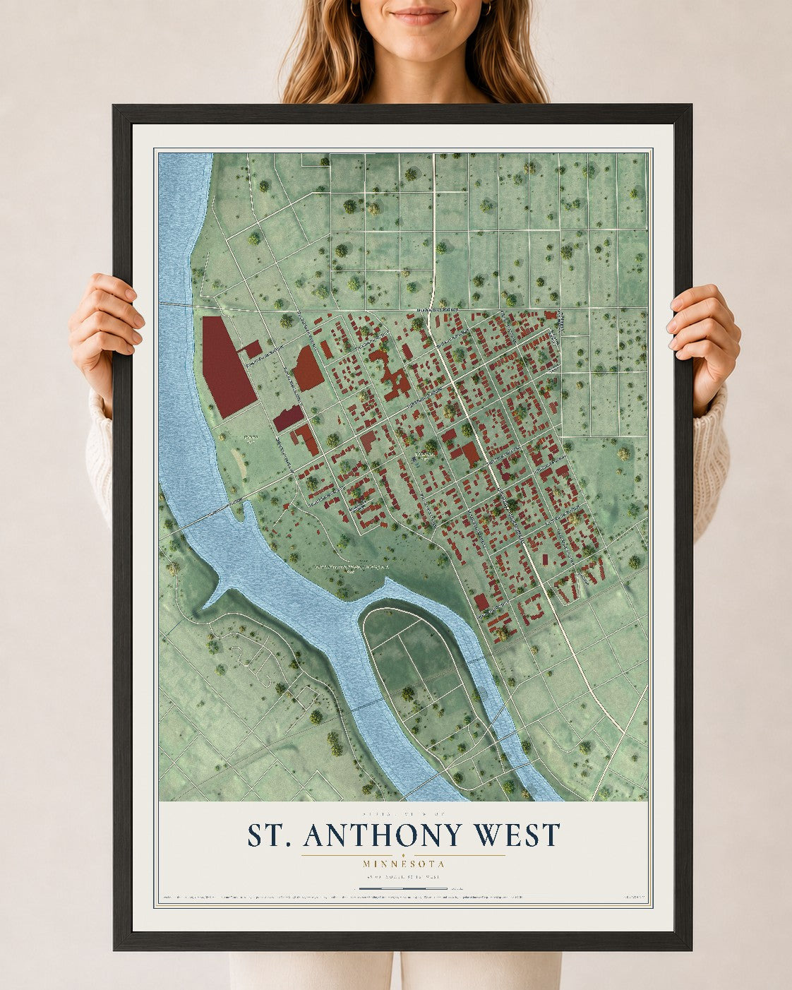 Map of St. Anthony West, Minnesota, 24 x 36 inch print in a black wood frame